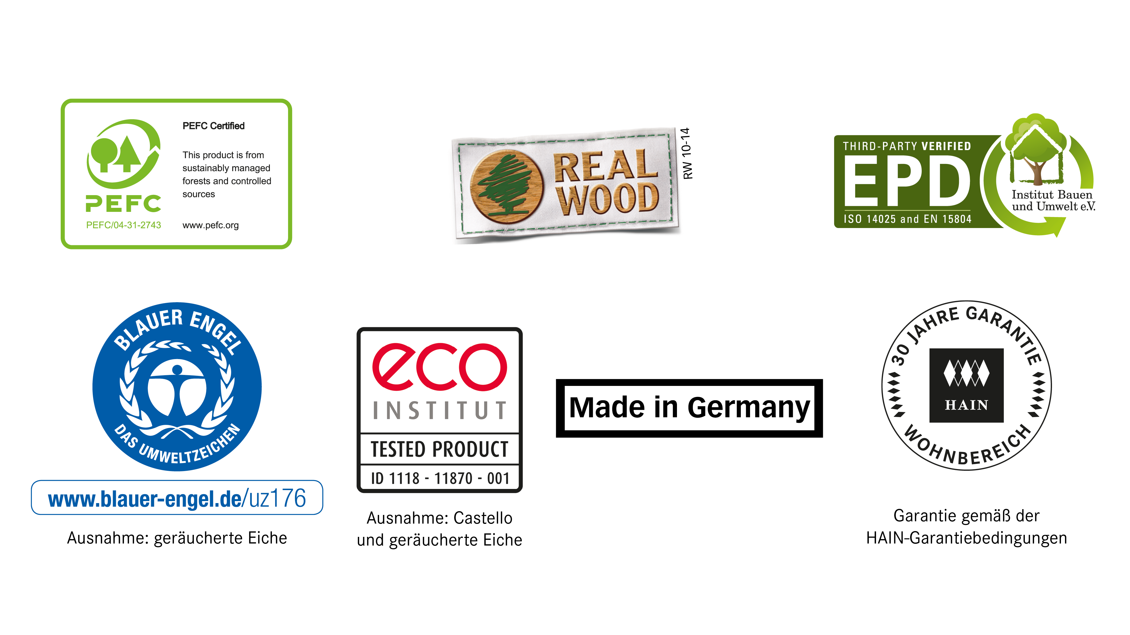 HAIN Parkett-Zertifizierungen: PEFC, Blauer Engel, ECO Institut, EPD, Made in Germany, 30 Jahre Garantie