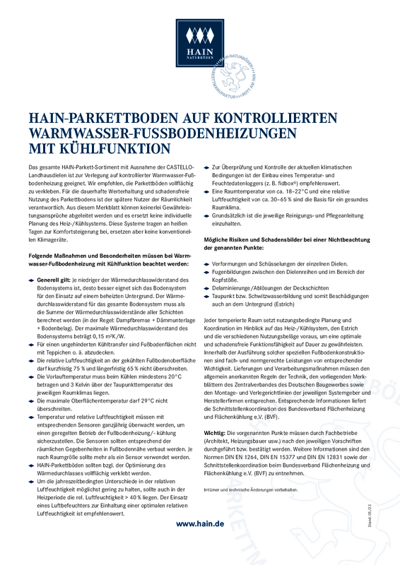 HAIN Parkett auf Warmwasser-Fußbodenheizung mit Kühlfunktion HAIN Parkett auf Warmwasser-Fußbodenheizung mit Kühlfunktion