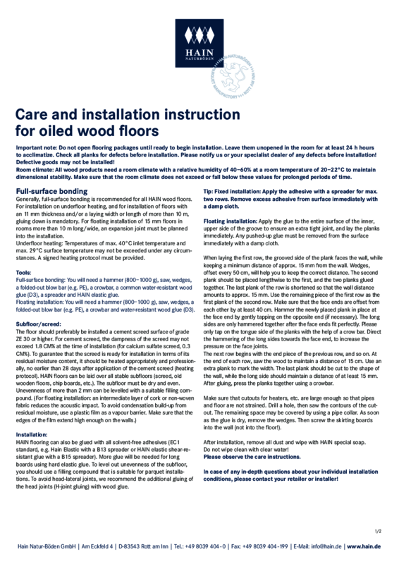 Care and installation instruction HAIN natural flooring 01|21