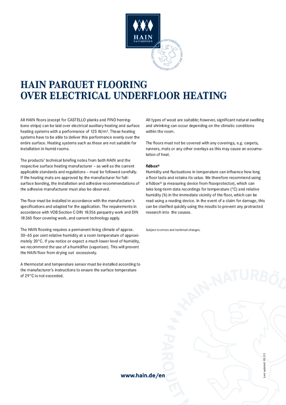 HAIN parquet over electrical underfloor heating HAIN parquet over electrical underfloor heating