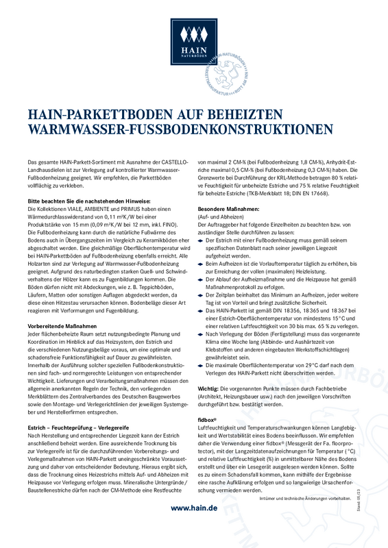 HAIN Parkett auf beheizten Warmwasser-Fußbodenkonstruktionen HAIN Parkett auf beheizten Warmwasser-Fußbodenkonstruktionen