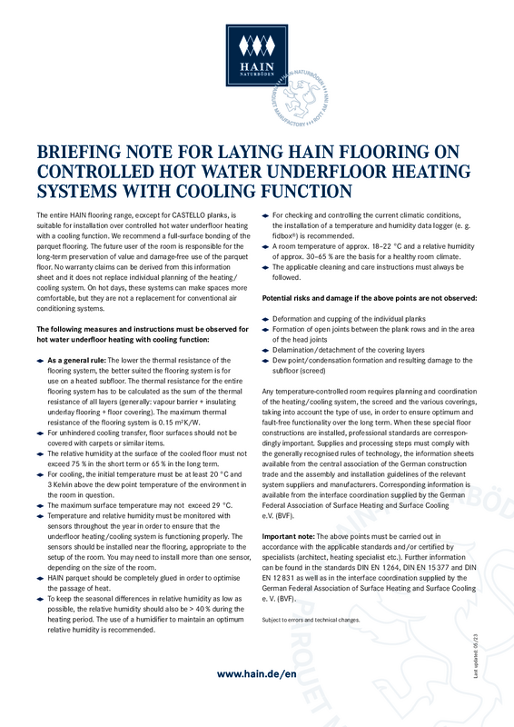 HAIN parquet on controlled hot water underfloor heating with cooling function HAIN parquet on controlled hot water underfloor heating with cooling function
